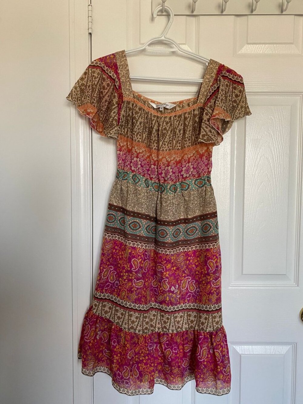Boho Tiered Midi Dress Flutter Sleeve Paisley Floral Patchwork Print Size M